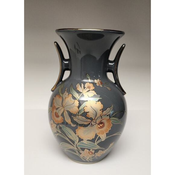 Vintage Japanese 10" Vase Gray Orchid Two Handle Art Decor - Picture 5 of 10